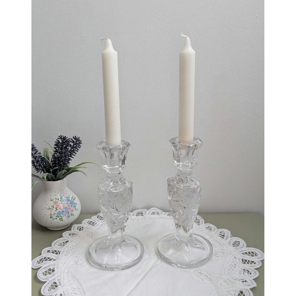 Set of 2 Vintage Crystal Candle Holders, Pinwheel Cut, Elegant Glass Candlestick